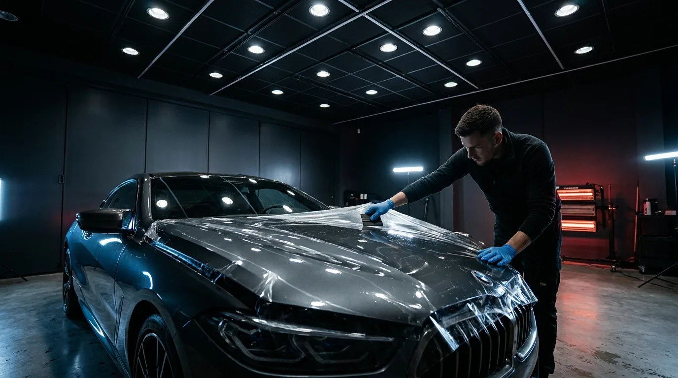 Quantum Car Studio stüdyosunda araç kaputuna hazır kesim PPF koruma filmi uygulaması